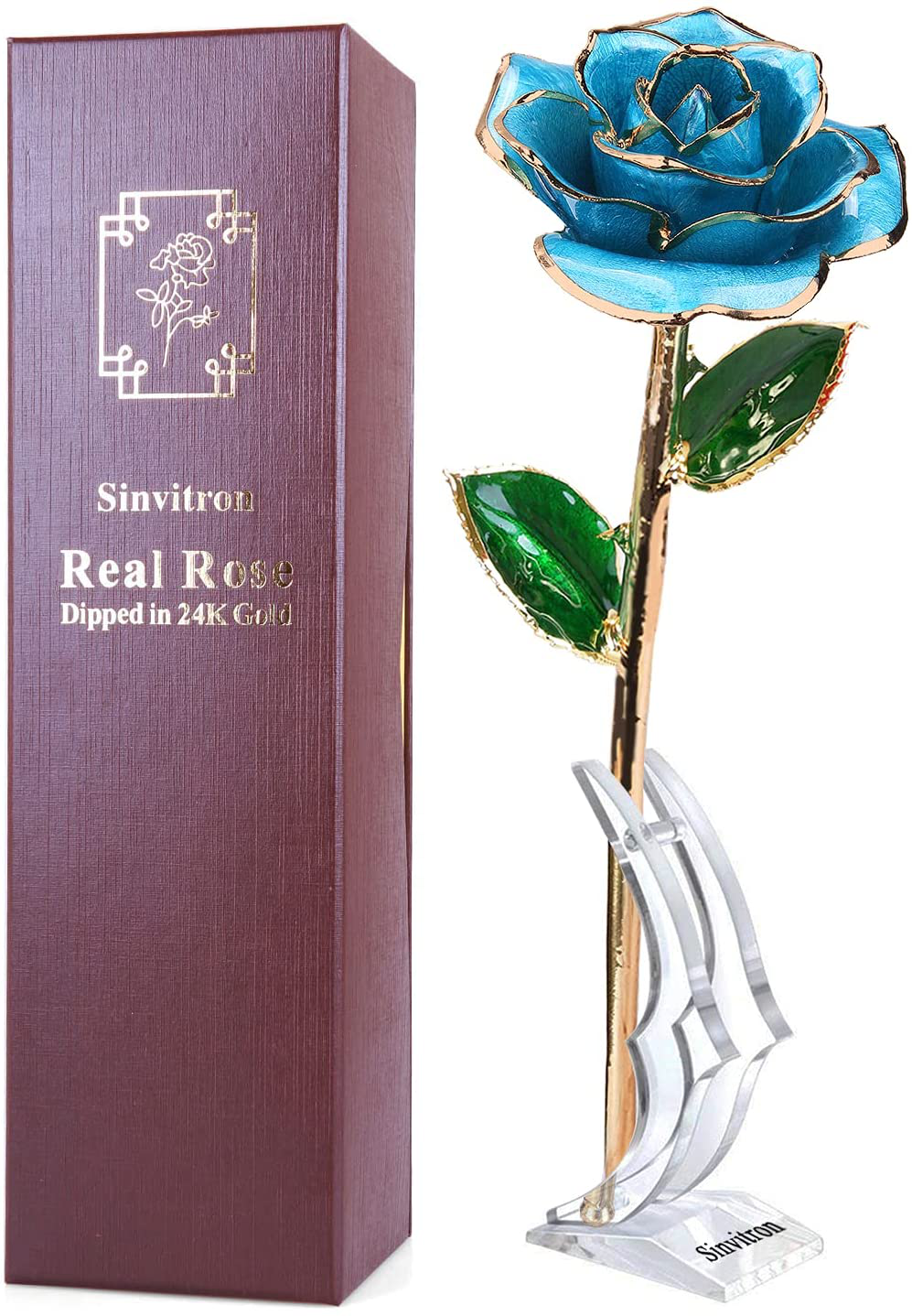 Gold Dipped Rose, Sinvitron Long Stem 24k Gold Dipped Real Rose Lasted Forever with Stand, Best Anniversary Gifts for Her