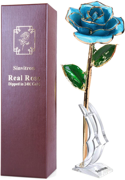 Gold Dipped Rose, Sinvitron Long Stem 24k Gold Dipped Real Rose Lasted Forever with Stand, Best Anniversary Gifts for Her