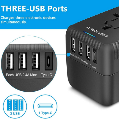 International World Travel Plug Adapter - Powerful with 1 Type C & 3-Port USB 110V 220V A/C - EU US UK AU