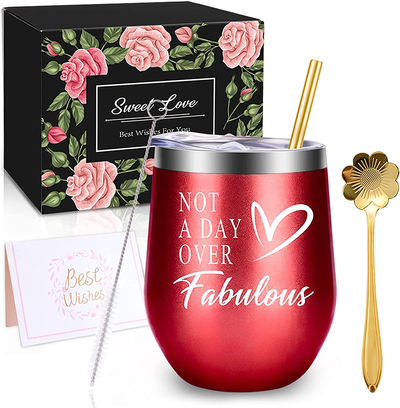 WONDAY Gifts for Women-Birthday Gifts for Women-Wine Gifts Ideas for Women, Mother, BFF, Mom, Friends, Wife, Daughter, Sister, 12 OZ Stainless Steel Wine Tumbler with Lid and Coffee Spoon (Red)