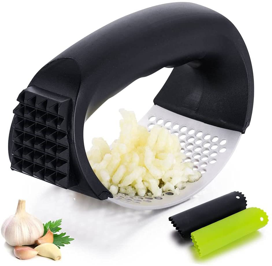 ASTOFLI Garlic Press Stainless Steel, Garlic Chopper with 2PCS Garlic Peeler, Sturdy Kitchen Gadgets Garlic Mincer Garlic Grinder with Ergonomic Handle, Garlic Crusher Extracts More Garlic Paste