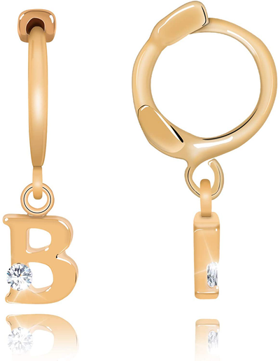 14K Gold Initial Charm Hoop Huggie Earring Handmade Personalized Alphabet Letter CZ Simulated Diamond Cute Hoop Dangle Earrings Gift for Women