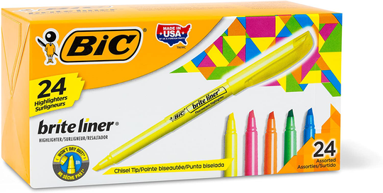 BIC Brite Liner Highlighter, Chisel Tip, Assorted Colors, 24-Count, Chisel Tip for Broad Highlighting or Fine Underlining
