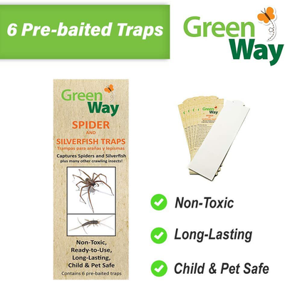 GreenWay Spider & Silverfish Trap - 6 prebaited Traps | Ready to Use Heavy Duty Glue, Safe, Non-Toxic with No Insecticides or Odor, Eco Friendly, Kid and Pet Safe