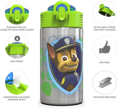 Zak Designs Paw Patrol 15.5oz Stainless Steel Kids Water Bottle with Flip-up Straw Spout - BPA Free Durable Design, Paw Patrol Boy SS