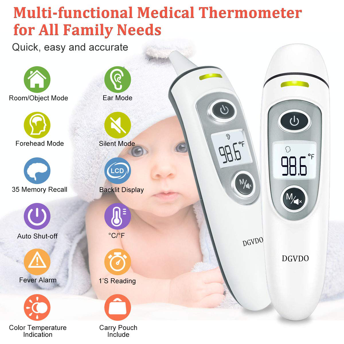 Non-Contact Forehead Thermometers, No Touch Digital Infrared Thermometer for Adults, Kids and Baby, Touchless Thermometer Within 0.4 Inch Distance, Fever Alarm, Memory Function