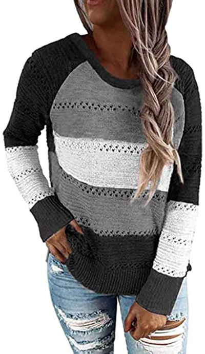 MAYFASEY Women's Color Block Striped Hoodies Sweater Long Sleeve Casual Loose Knitted Pullover Sweatshirt Tops