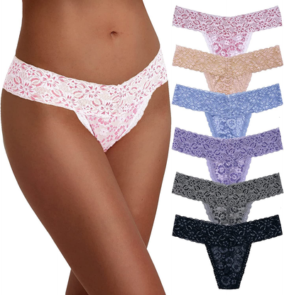 6 Pack Women's Sexy Lace Cotton Thongs Low Waist Underwear Soft Seamless Panties
