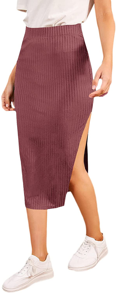 SheIn Women's Slit Midi Skirt Split Bodycon Pencil Ribbed Knit Midi Skirts