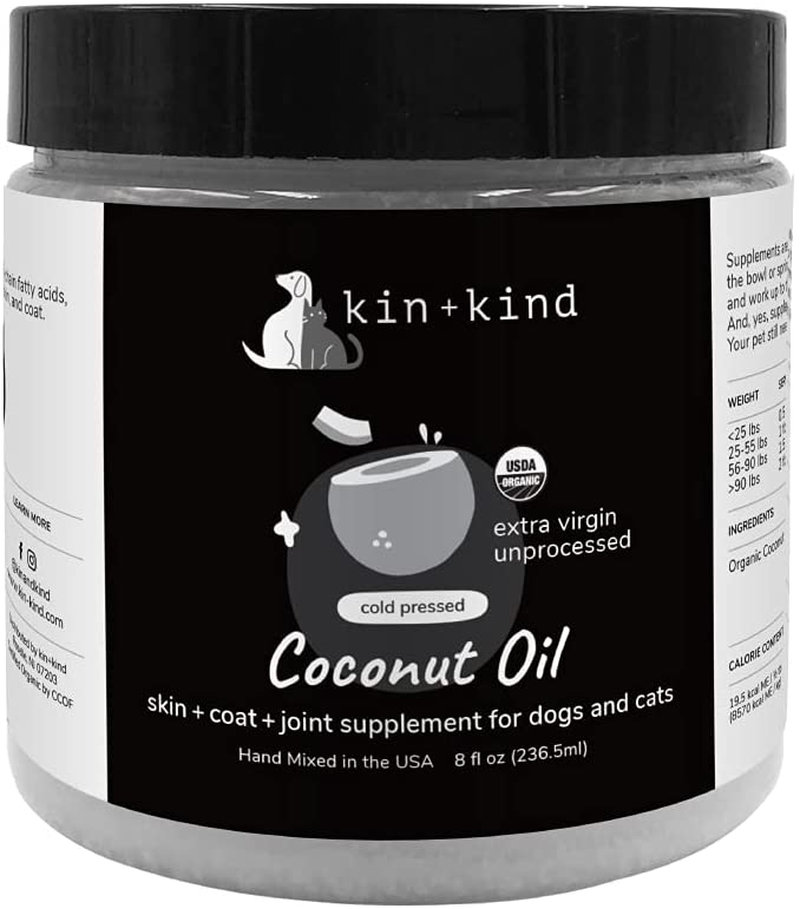 kin+kind Organic Raw Coconut Oil Pet Supplement - Skin and Coat Support for Dogs and Cats - Safe, Natural Formula with Unprocessed, Cold Pressed Extra Virgin Coconut Oil - Mixed in The USA