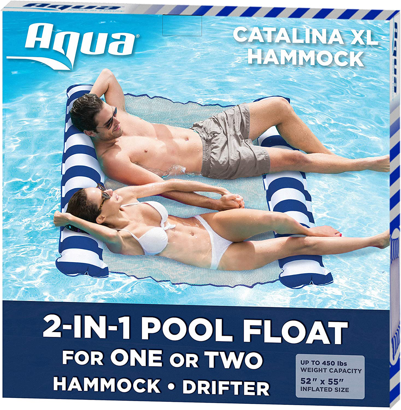 Aqua Catalina XL Hammock, 4-in-1 Multi-Purpose Inflatable 1-2 Person Pool Float, Water Lounge, Navy/White Stripe