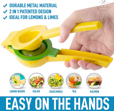 Zulay Metal 2-In-1 Lemon Lime Squeezer - Hand Juicer Lemon Squeezer - Max Extraction Manual Citrus Juicer (Bright Red and Yellow)