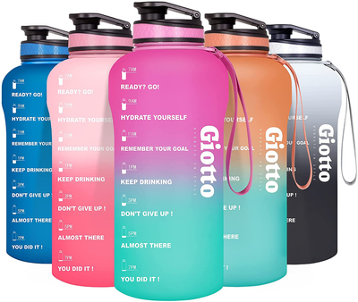 Giotto Large Half Gallon/64oz Motivational Water Bottle with Time Marker & Removable Strainer, Leakproof BPA Free Water Jug to Remind You Drink More Water and Hydrate in Style