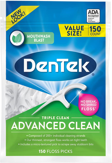 DenTek Triple Clean Advanced Clean Floss Picks, No Break & No Shred Floss, 75 Count, 3 Pack