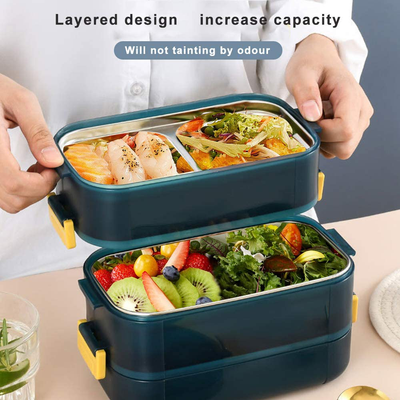 HOMESPON with Lunch Bag Stainless Steel Salad Bento Lunch Container, Leakproof Lunch Box for Kids & Adults, Built-in Reusable Wheat Straw Spoon/Fork & Food Grade Salad Dressing Box (green,3 tiers)