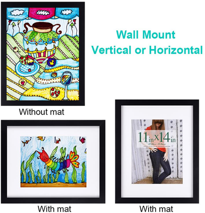 RPJC 11 x 14 Picture Frames Made of Solid Wood and High Definition Glass Display Pictures 8x10 with Mat or 11x14 Without Mat for Wall Mounting Photo Frame Black