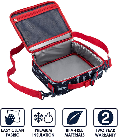 Bentgo Kids Prints Lunch Bag - Double Insulated, Durable, Water-Resistant Fabric with Interior and Exterior Zippered Pockets and External Bottle Holder- Ideal for Children of All Ages (Rocket)