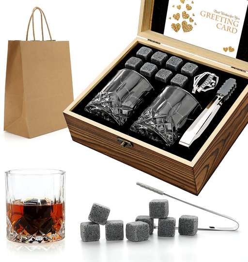 Whiskey Stones Gift Set - Whiskey Glass Set of 2 - Stainless Steel Chilling Whiskey Cubes - Scotch Bourbon Whiskey Glass Gift Box Set - Best Drinking Gift for Men Dad Husband Birthday Holiday Present