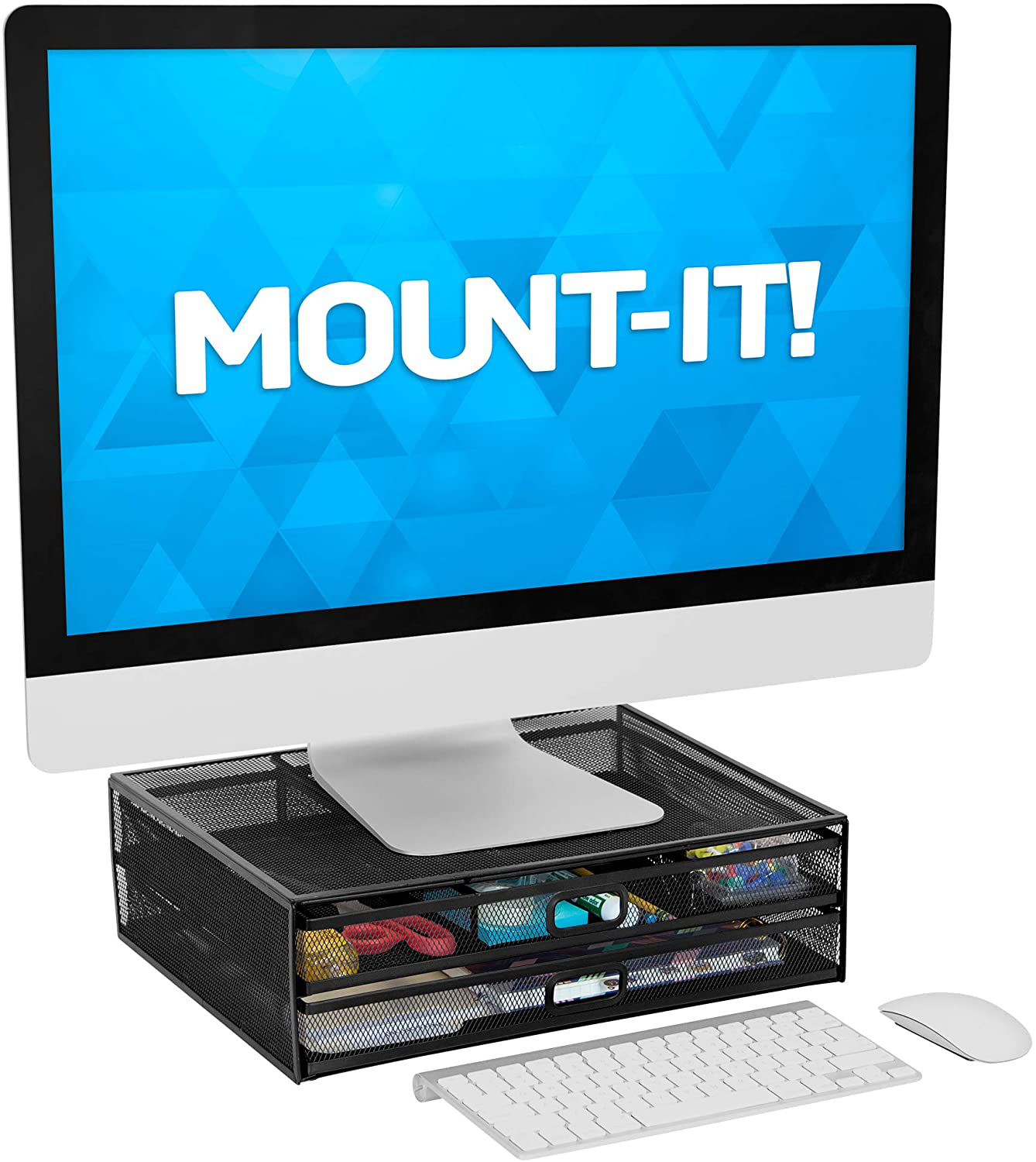 MOUNT-IT! Mesh Computer Monitor Stand Riser [Metal] Desk Organizer with Two Pullout Storage Drawers for Desktop, Laptop, and Printer Accessories and Office Supplies (Black)