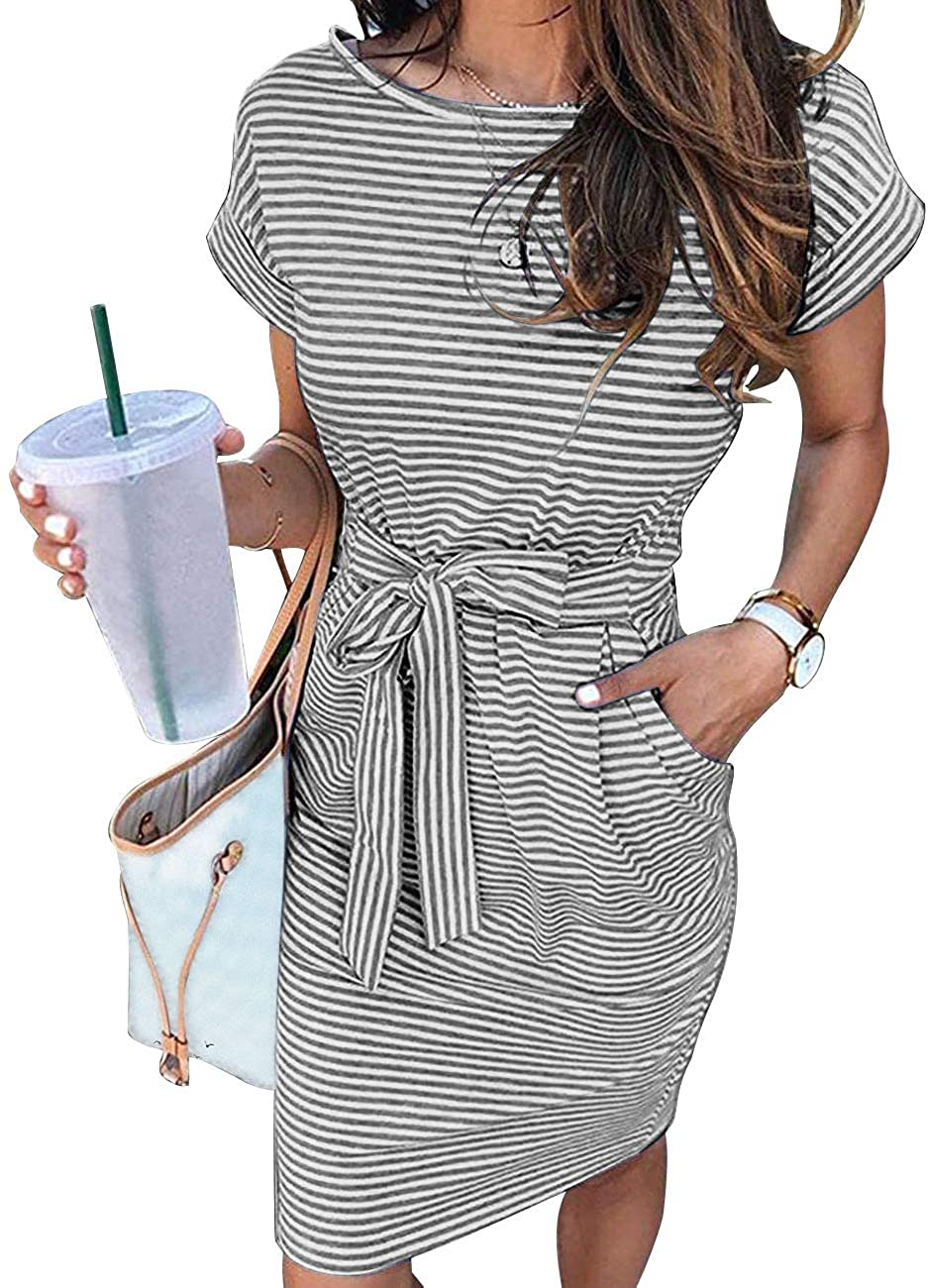 MEROKEETY Women's Summer Striped Short Sleeve T Shirt Dress Casual Tie Waist Midi Dress