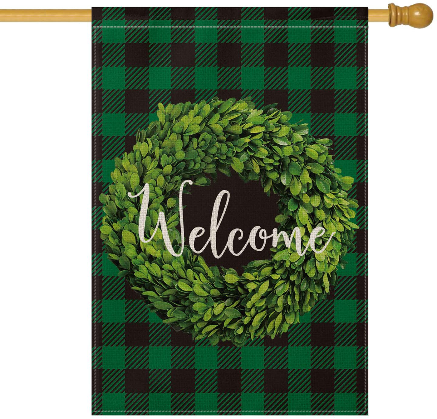 AVOIN Fall Boxwood Wreath Welcome Garden Flag Vertical Double Sided, Buffalo Check Plaid Rustic Farmhouse Flag Yard Outdoor Decoration 12.5 x 18 Inch