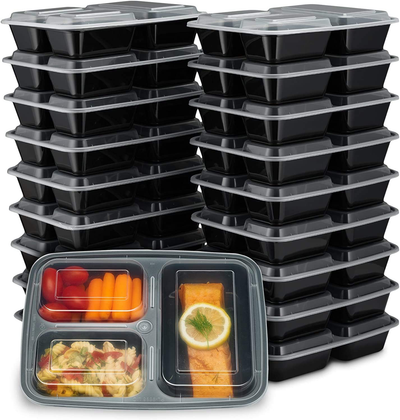 EZ Prepa [20 Pack] 32oz 3 Compartment Meal Prep Containers with Lids - Bento Box