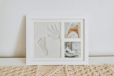 Baby Handprint & Footprint Keepsake Photo Frame Kit - Personzalize it w/ Free Stencil! Non-Toxic Clay, Wall/Table Wood Picture Frame. Perfect Registry, Baby Shower, New Mom, Birthday & Newborn Gift!