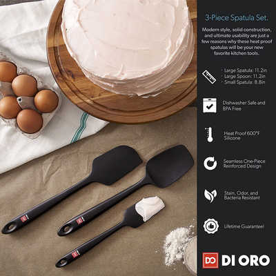 DI ORO Seamless Series 3-Piece Silicone Spatula Set - 600°F Heat Resistant Non Stick Rubber Kitchen Scraper Spatulas for Cooking, Baking, and Mixing – BPA Free and LFGB Certified Silicone (Black)