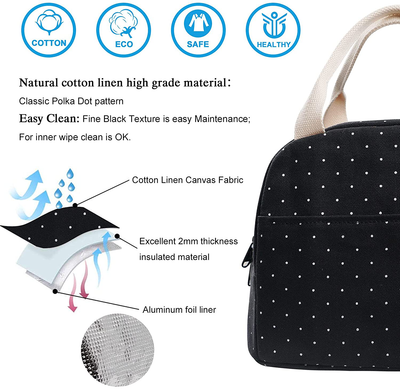 EurCross Black Lunch Bag Floral Daisy Women Tote Box Reusable Canvas Cooler Container Lunch Holder Portable Meal Prep Water-resistant for Kids Girls for School Trip Picnic Travel