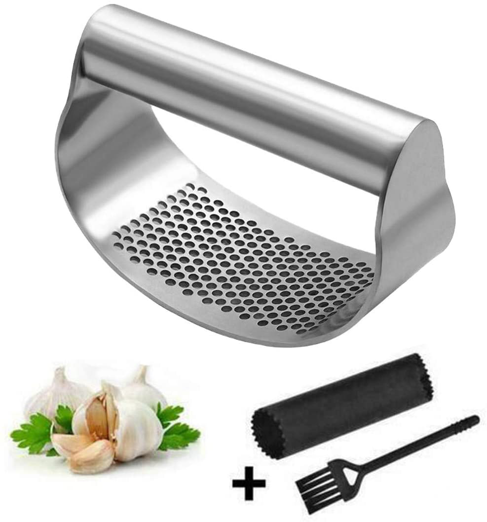 3 Pcs/Set Stainless Steel Rocker Garlic Press Ginger Crusher Squeezer with Silicone Tube Garlic Peeler and Cleaning Brush Kitchen Gadget Tool Set