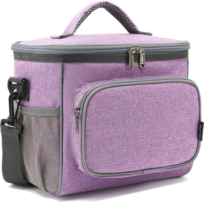 FlowFly Insulated Reusable Lunch Bag Adult Large Lunch Box for Women and Men with Adjustable Shoulder Strap Front Zipper Pocket and Dual Large Mesh Side Pockets, Purple