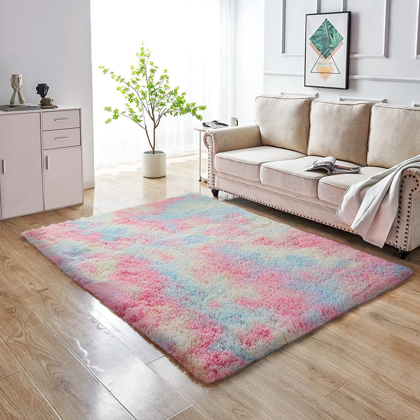 GKLUCKIN Shag Ultra Soft Area Rug, Non-Skid Fluffy 6'X9' Tie-Dyed Light Grey Fuzzy Indoor Large Faux Fur Rugs for Living Room Bedroom Nursery Decor Furry Carpet Kids Playroom