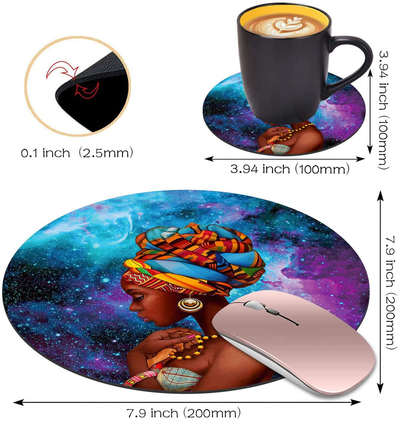 ChaTham Round Mouse Pad with Coasters Set, Blue Purple Galaxy African Women Mouse Pad, Non-Slip Rubber Base Round Mouse Pads for Laptop Compute Working Home Office Accessories