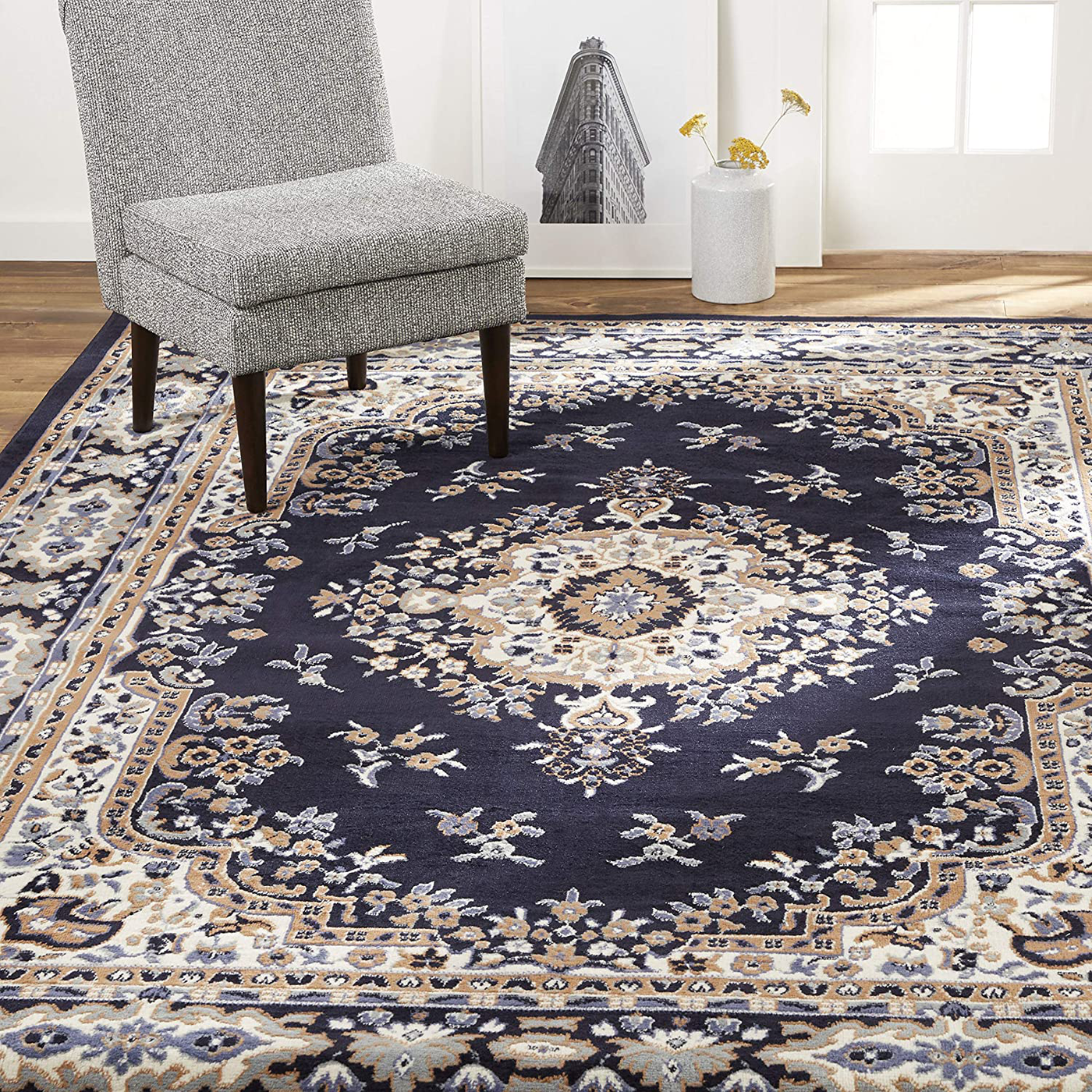 Home Dynamix Premium Sakarya Traditional Medallion Border Area Rug, Navy Blue, 1'9"x7'2" Runner