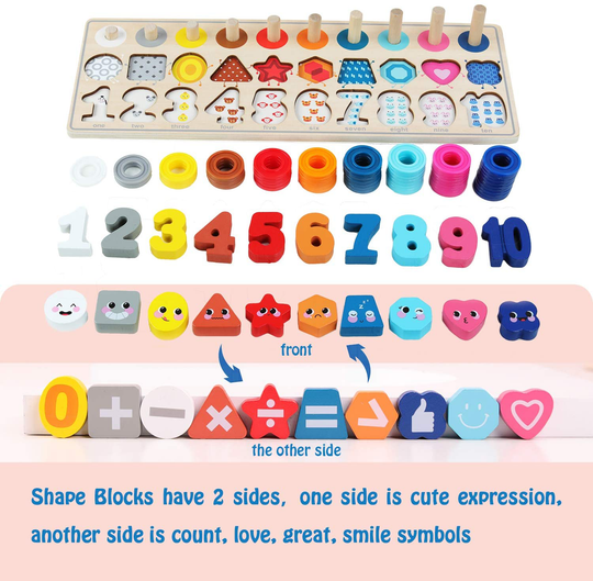 QZMTOY Wooden Montessori Toys for Kids, Toddler Number Puzzles Sorter Counting Shape Stacker Stacking Game Preschool Toys for Boy Girl Learning Education Math Blocks Chunky Puzzles Gift for Toddlers