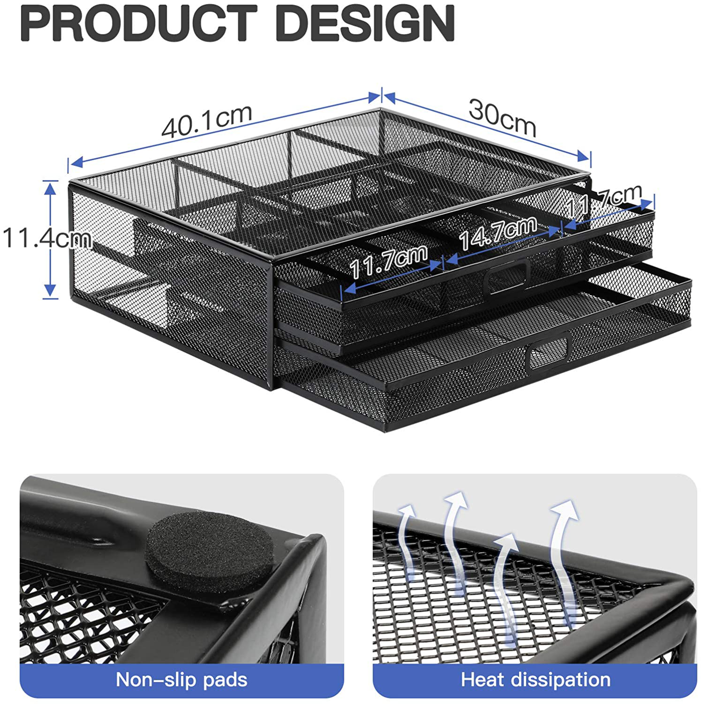 Monitor Stand Riser with Drawer - Mesh Metal Desk Organizer PC, Laptop, Notebook, Printer Holder with Pull Out Storage Drawer by HUANUO