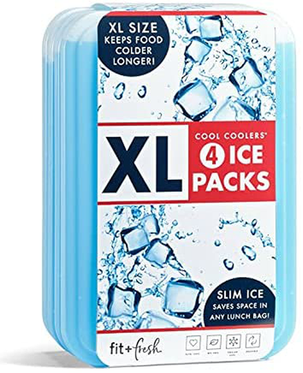 Fit & Fresh XL Cool Coolers Freezer Slim Ice Pack for Lunch Box, Set of 4, Large, Blue