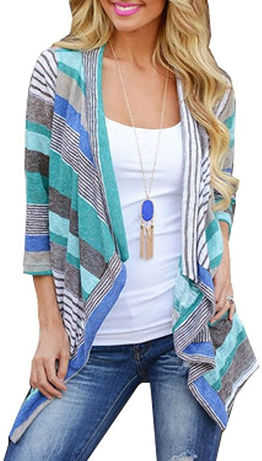 DEARCASE Women's 3/4 Sleeve Cardigans Striped Printed Open Front Draped Kimono Loose Cardigan