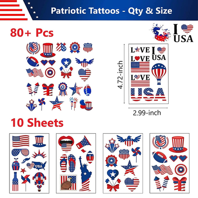 4th of July Patriotic Temporary Tattoos (10 - 20 Sheets)