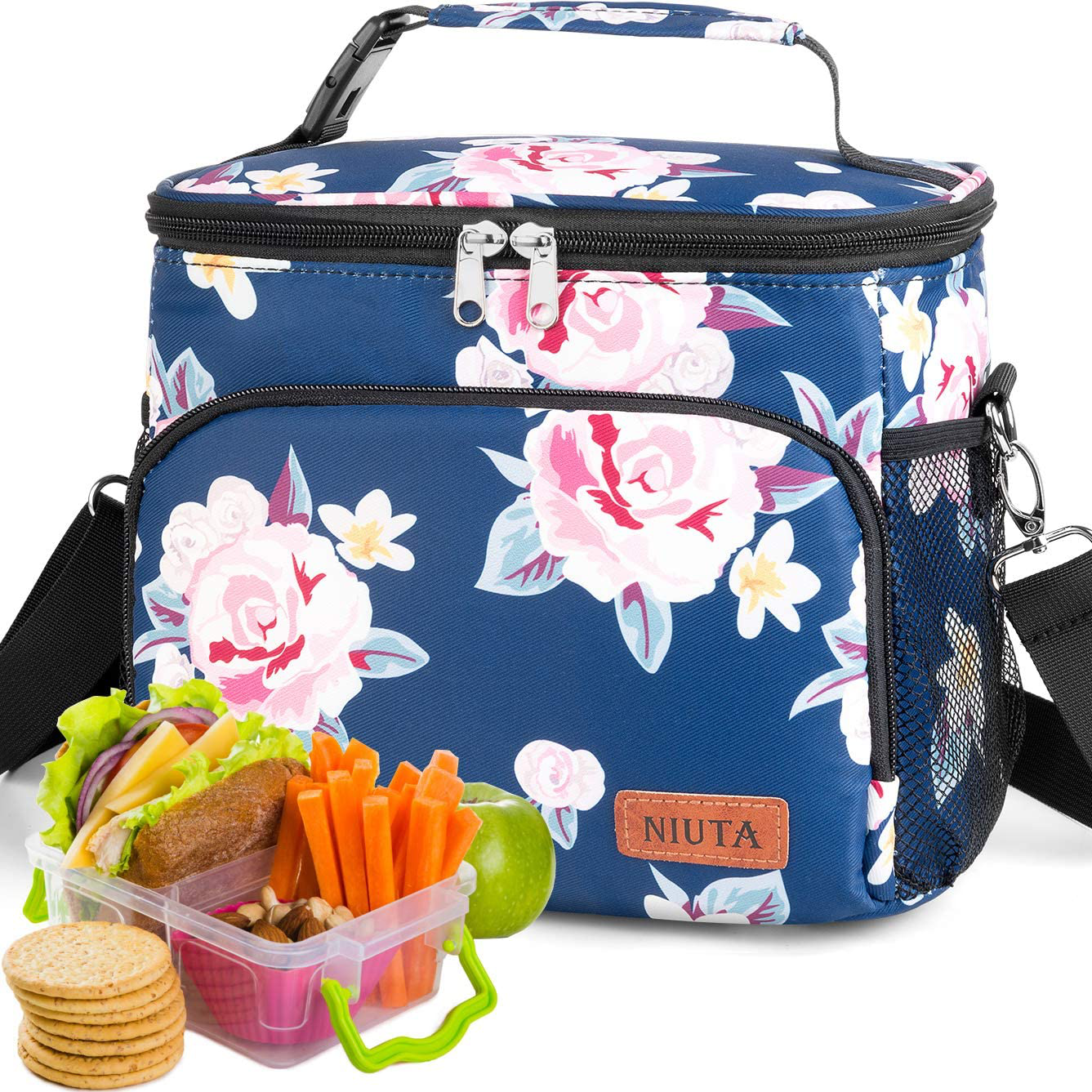 NIUTA Insulated Lunch Bag for Men/Womens, Lunch Box, Upgraded version Double Deck Reusable Lunch Pail (Blue Peony)