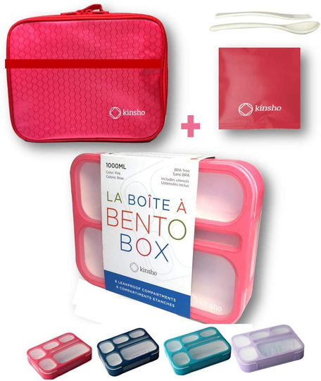 Bento Box with Lunch Bag and Ice Pack Set | Snack Containers Boxes for Kids Girls Adults | 6 Compartments Leakproof Portion Container Boxes Insulated Bags for School Lunches, BPA Free (Pink)