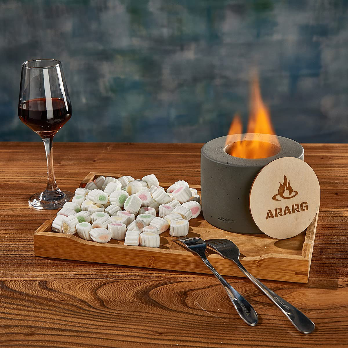 Ararg Tabletop Fire Pit, Tabletop Fireplace with Wooden Pad, Indoor Outdoor Mini Fire Bowl, Portable Concrete Fire Pit, Smores Maker, Isopropyl Alcohol and Ethanol, 5.1 x 5.1 x 3.6 Inches