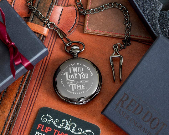 Engraved Wedding Anniversary Pocket Watch with Chain for Husband, a Classy Gift Set for Him with Elegant Gift Box, 1 Year Anniversary Gift Clock