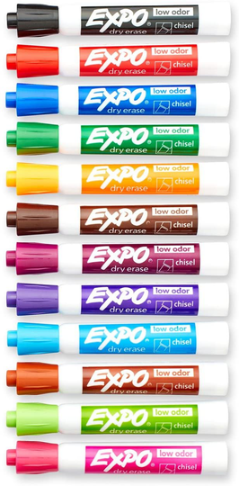 EXPO Low Odor Dry Erase Markers, Chisel Tip, Assorted Colors, 12 Count