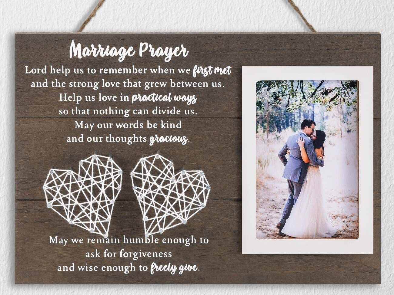 12.5×8.5 Marriage Prayer Wedding Gifts for Couples Anniversary, Rustic Wood Plaque Christian Engagement Gifts for Bridal Her Wife, Home Bedroom Decor with Handmade String Heart & Picture Frame