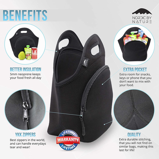 Insulated Large Neoprene Lunch Bag For Women, Men & Kids | Extra Pocket | 5 mm Insulation | 13.5” Big | Washable | Soft Designer Cotton | Best YKK Zipper In The World | LightGrey Lunch Box