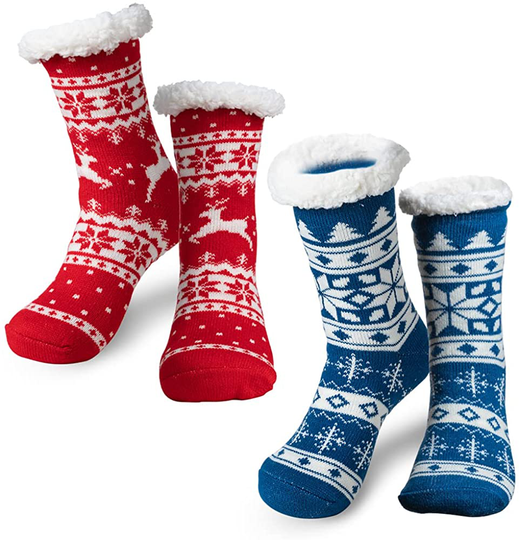 2 Pack Christmas Fuzzy Ripple Slipper Socks Red and Blue