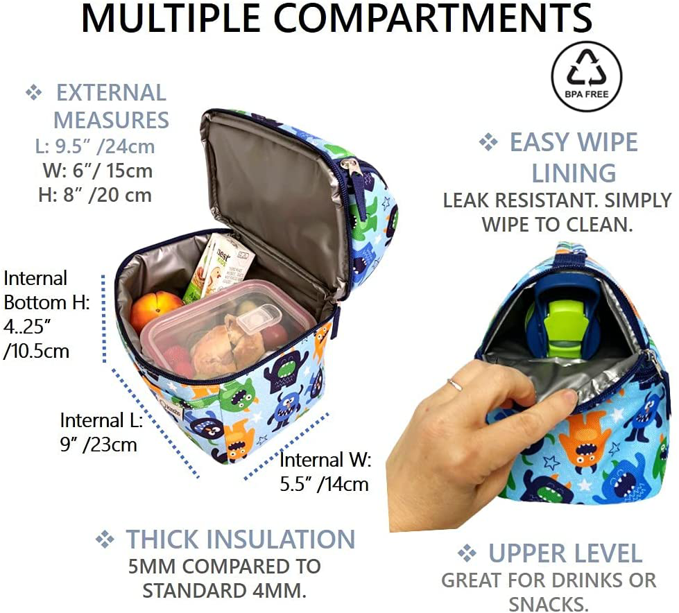 Stainless Steel Bento Box, Lunch Bag and Water Bottle Set for Toddlers. Snack Container for Small Kids, Baby Boys, Toddler Daycare or Pre-School Lunches. Blue Mini Monster