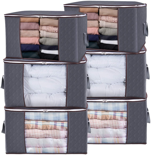 Lifewit Large Capacity Clothes Storage Bag Organizer with Reinforced Handle Thick Fabric for Comforters, Blankets, Bedding, Foldable with Sturdy Zipper, Clear Window, 6 Pack, 90L, Grey