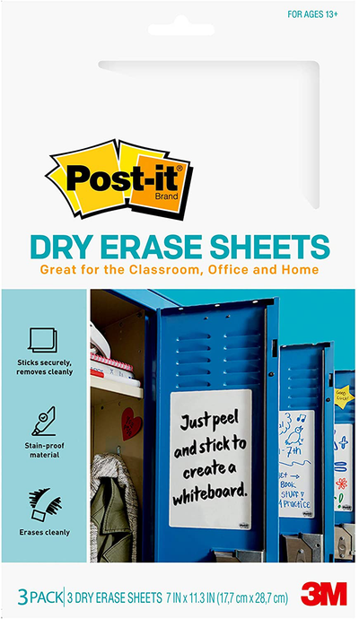 Post-it Dry Erase Sheets, 7 in x 11.3 in, Sticks Securely and Removes Cleanly (DEFSHEETS-3PK)